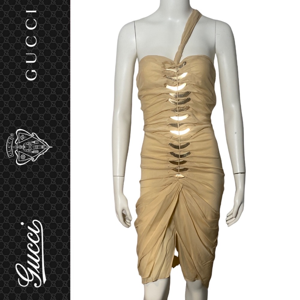 ✨HP✨AUTH GUCCI NUDE Tom Ford Twist Skin Silks Gold Blades Sexy Runway Dress 40 - Picture 1 of 17